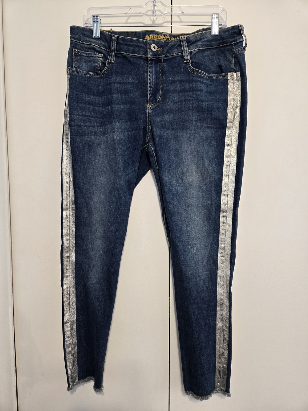 NWT Arizona Super Skinny Jeans Metallic Side Stripe Raw Hem Size 13